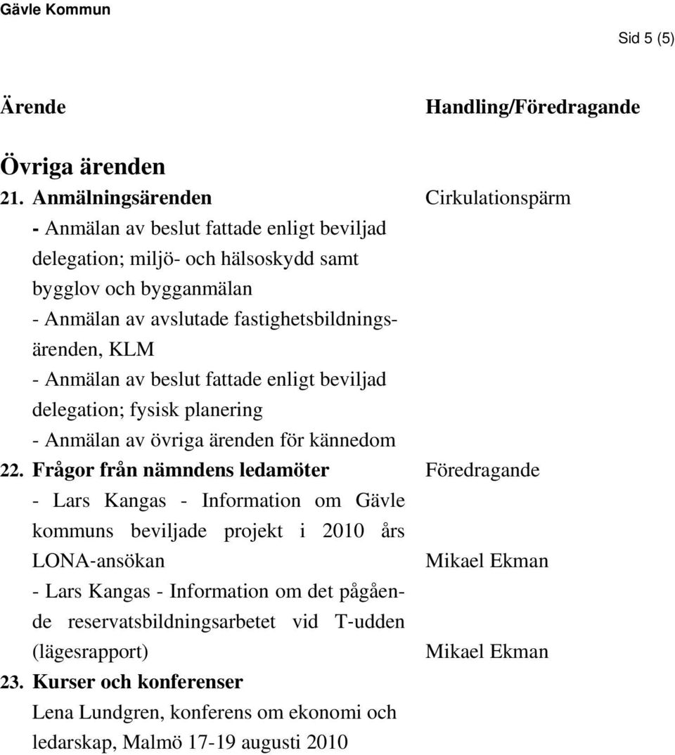 fastighetsbildningsärenden, KLM - Anmälan av beslut fattade enligt beviljad delegation; fysisk planering - Anmälan av övriga ärenden för kännedom 22.