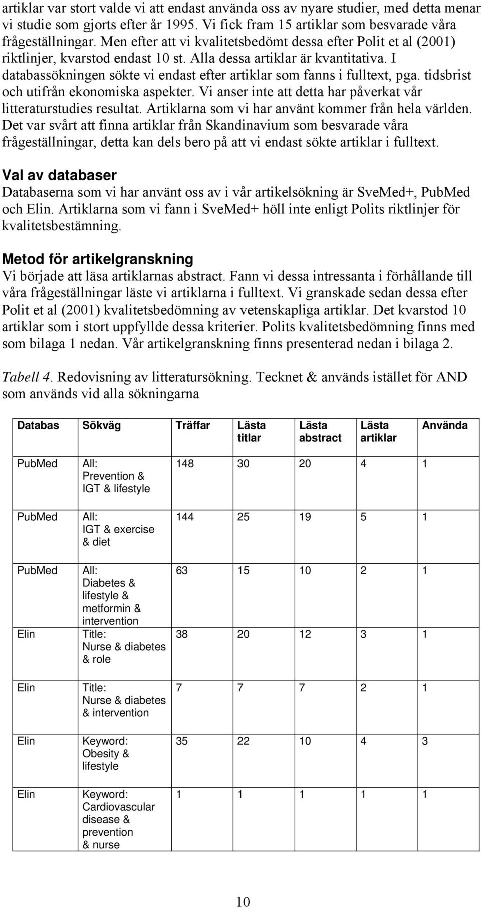 I databassökningen sökte vi endast efter artiklar som fanns i fulltext, pga. tidsbrist och utifrån ekonomiska aspekter. Vi anser inte att detta har påverkat vår litteraturstudies resultat.