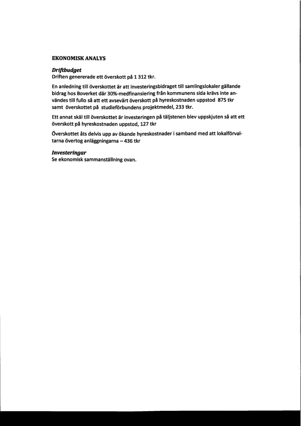 till fullo så att ett avsevärt överskott på hyreskostnaden uppstod 875 tkr samt överskottet på studieförbundens projektmedel, 233 tkr.