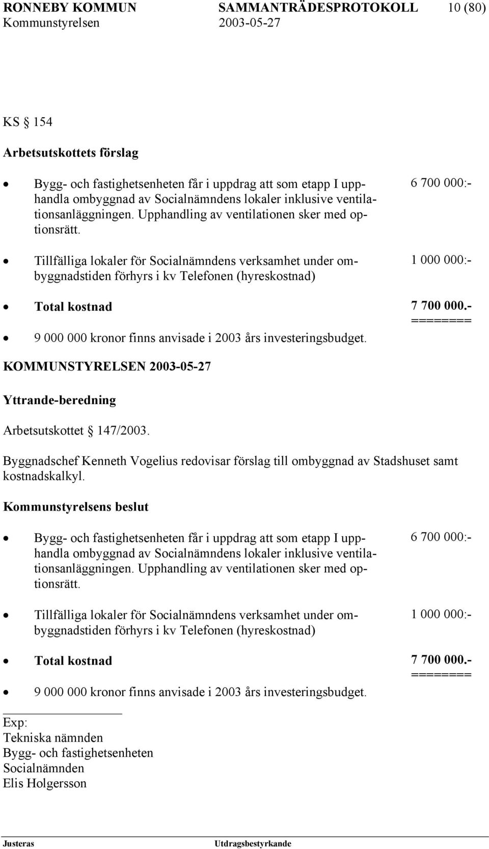 Tillfälliga lokaler för Socialnämndens verksamhet under ombyggnadstiden förhyrs i kv Telefonen (hyreskostnad) 6 700 000:- 1 000 000:- Total kostnad 7 700 000.