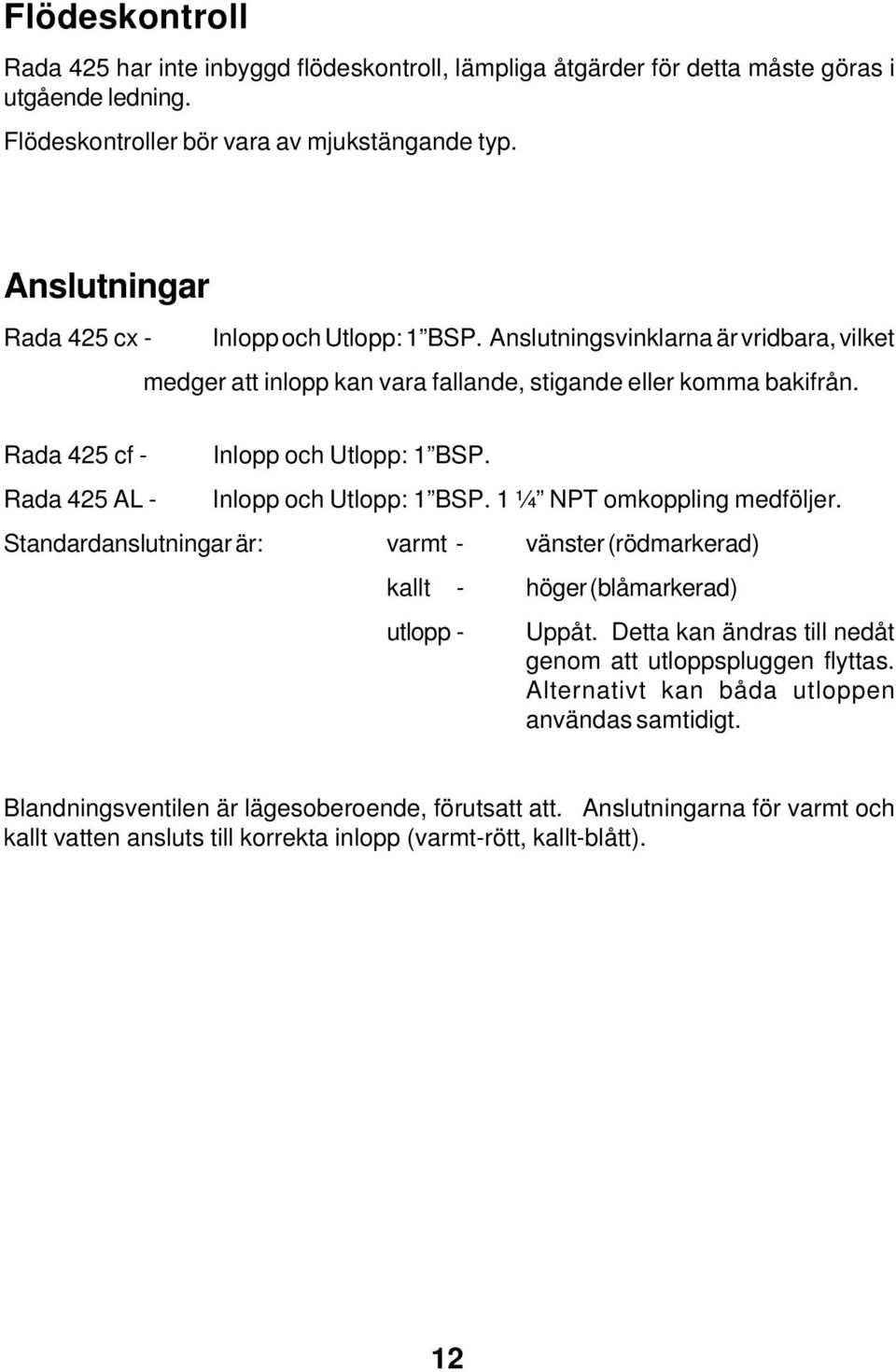 Rada 425 cf - Inlopp och Utlopp: 1 BSP. Rada 425 AL - Inlopp och Utlopp: 1 BSP. 1 ¼ NPT omkoppling medföljer.