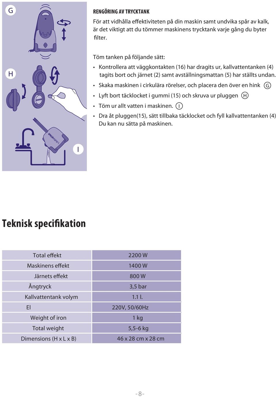 Skaka maskinen i cirkulära rörelser, och placera den över en hink G Lyft bort täcklocket i gummi (15) och skruva ur pluggen H Töm ur allt vatten i maskinen.