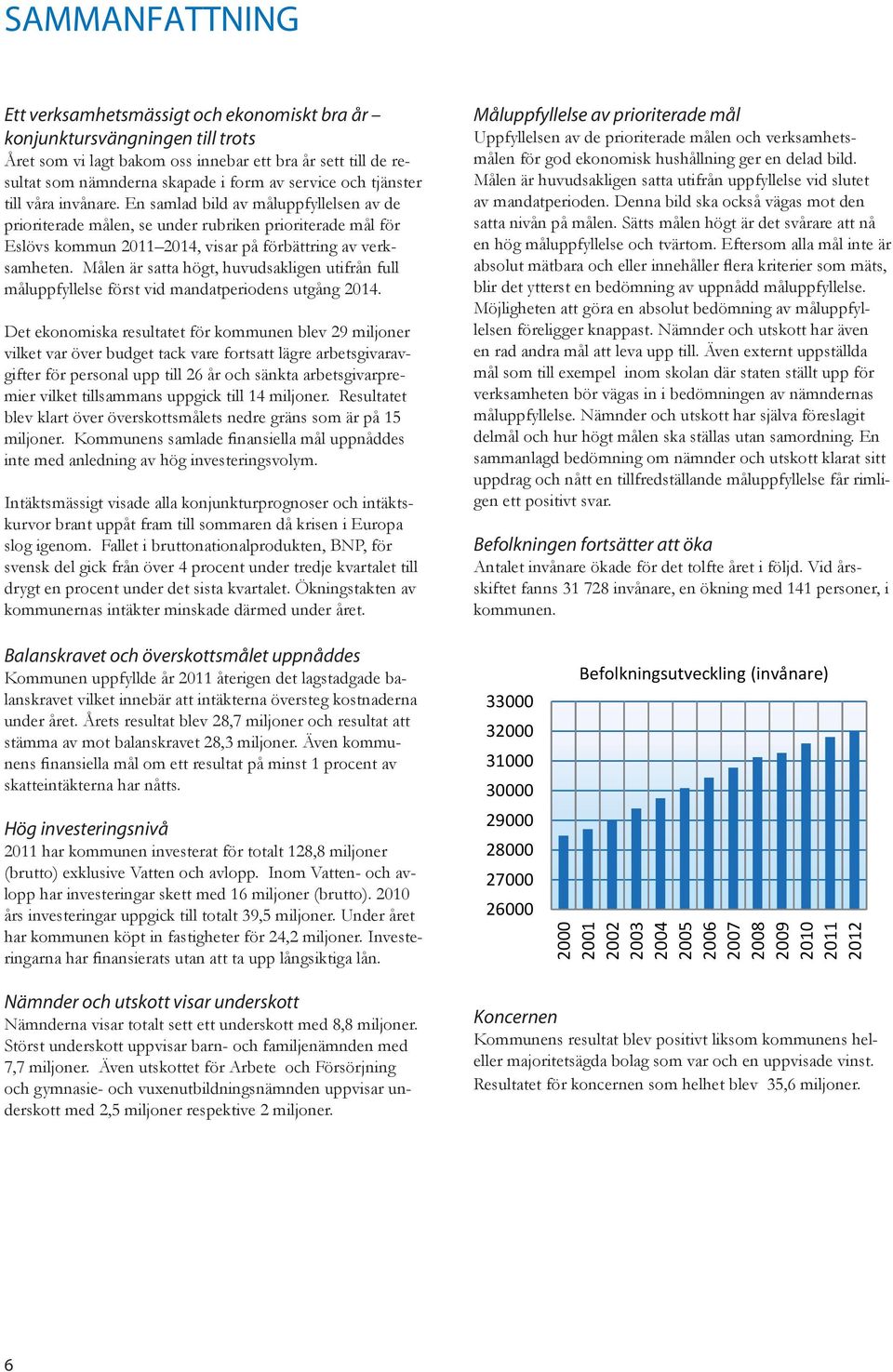 En samlad bild av måluppfyllelsen av de prioriterade målen, se under rubriken prioriterade mål för Eslövs kommun 2011 2014, visar på förbättring av verksamheten.