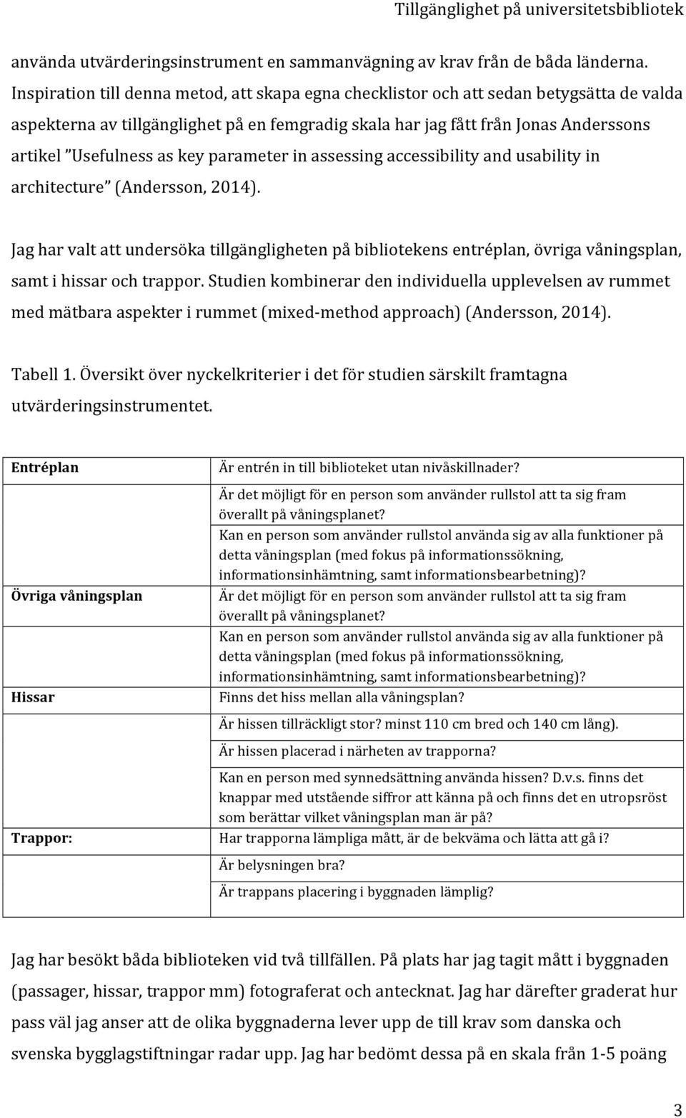 Usefulnessaskeyparameterinassessingaccessibilityandusabilityin architecture (Andersson,2014). Jagharvaltattundersökatillgänglighetenpåbibliotekensentréplan,övrigavåningsplan, samtihissarochtrappor.