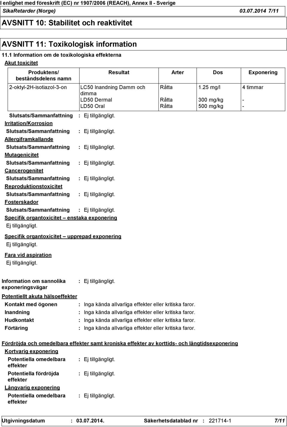 Reproduktionstoxicitet Fosterskador Resultat Arter Dos Exponering LC50 Inandning Damm och Råtta 1.