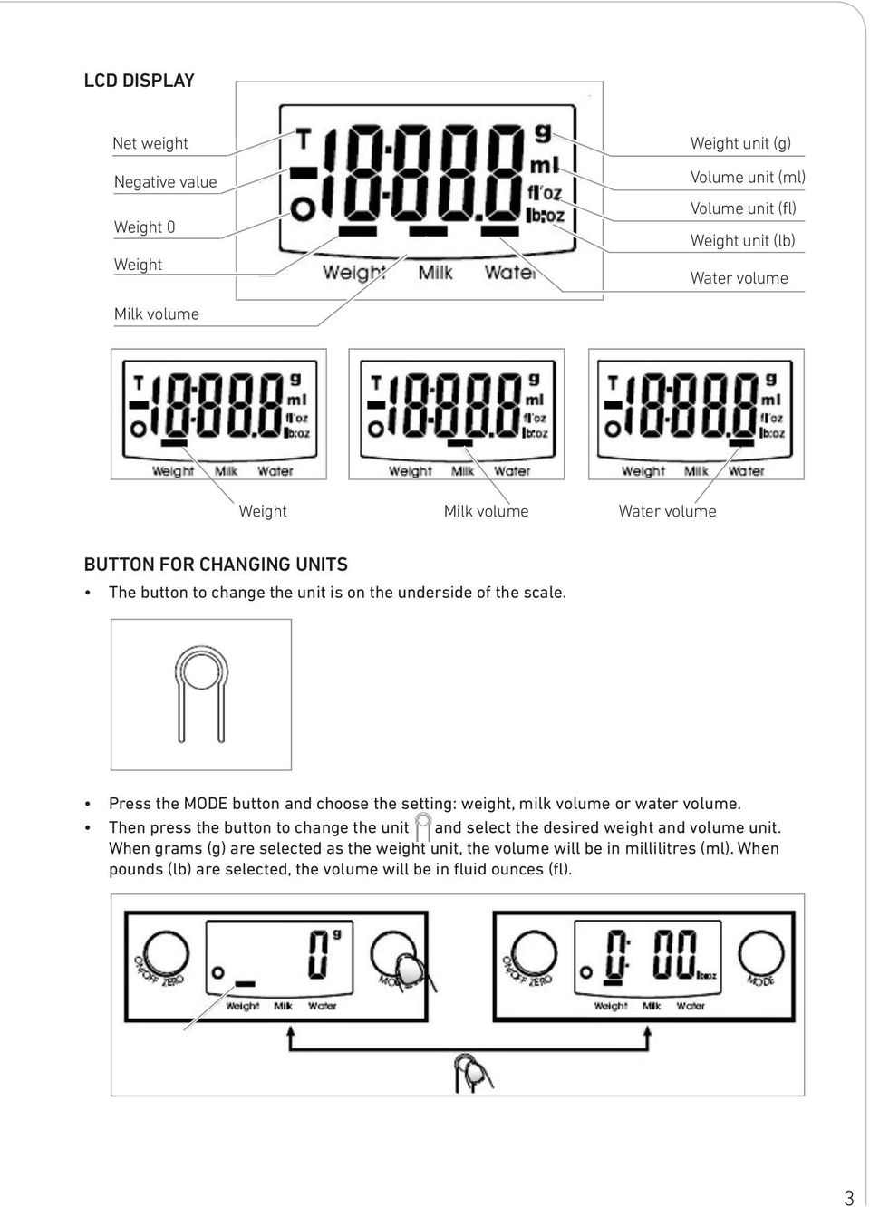 Press the MODE button and choose the setting: weight, milk volume or water volume.