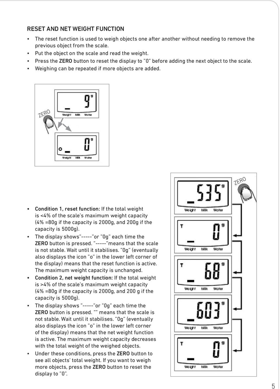 ZERO ZERO Condition 1, reset function: If the total weight is <4% of the scale s maximum weight capacity (4% =80g if the capacity is 2000g, and 200g if the capacity is 5000g).