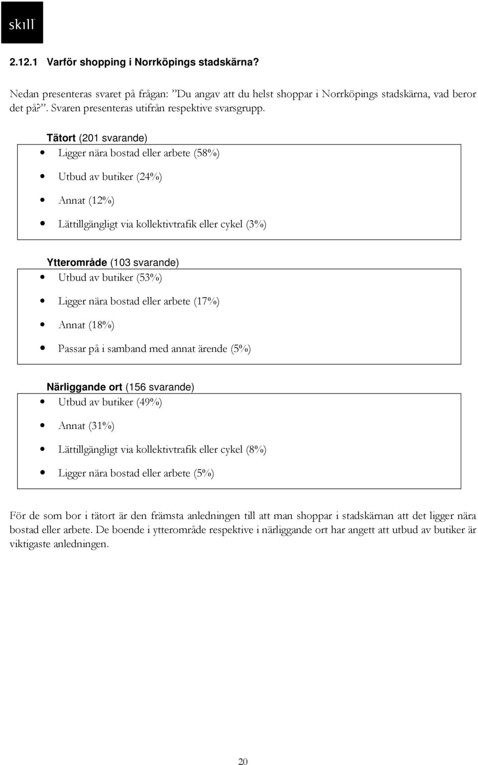 Tätort (201 svarande) Ligger nära bostad eller arbete (58%) Utbud av butiker (24%) Annat (12%) Lättillgängligt via kollektivtrafik eller cykel (3%) Ytterområde (103 svarande) Utbud av butiker (53%)