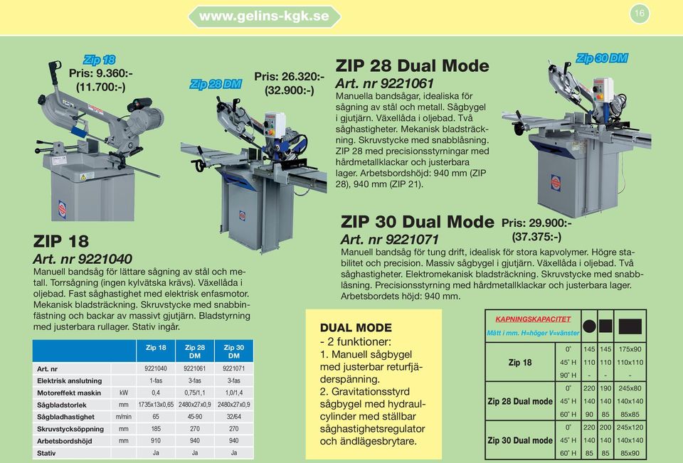Arbetsbordshöjd: 940 mm (ZIP 28), 940 mm (ZIP 21). Zip 0 DM ZIP 18 Art. nr 92240 Manuell bandsåg för lättare sågning av stål och metall. Torrsågning (ingen kylvätska krävs). Växellåda i oljebad.
