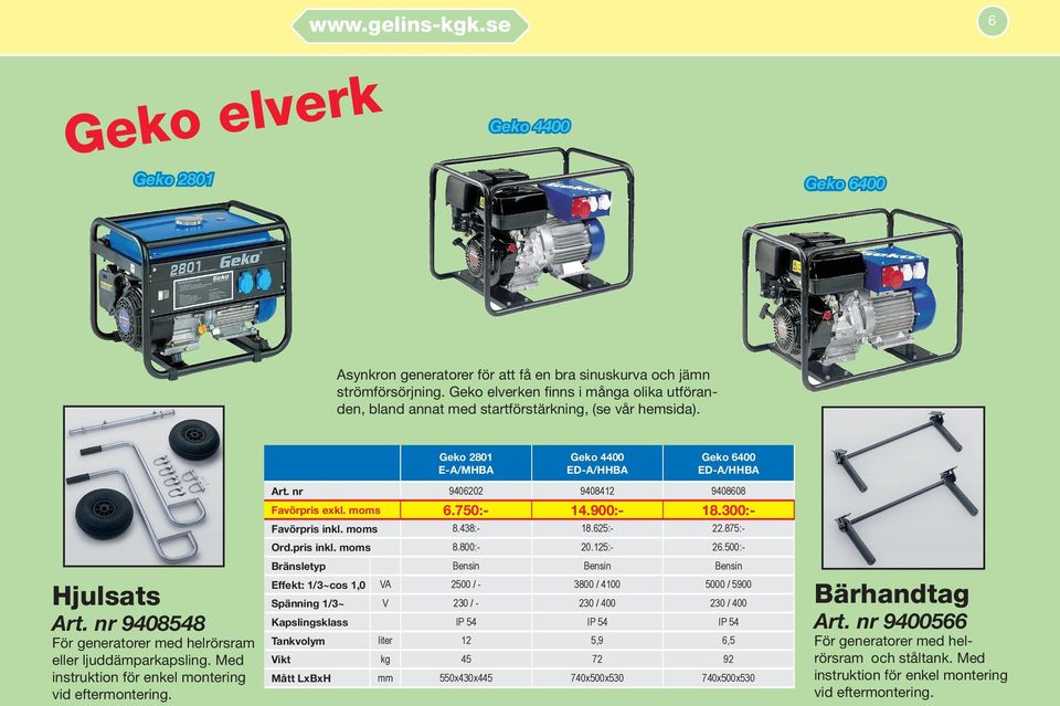 nr 9408548 För generatorer med helrörsram eller ljuddämparkapsling. Med instruktion för enkel montering vid eftermontering. Art. nr 9406202 9408412 9408608 exkl. moms 6.750:- 14.900:- 18.00:- inkl.