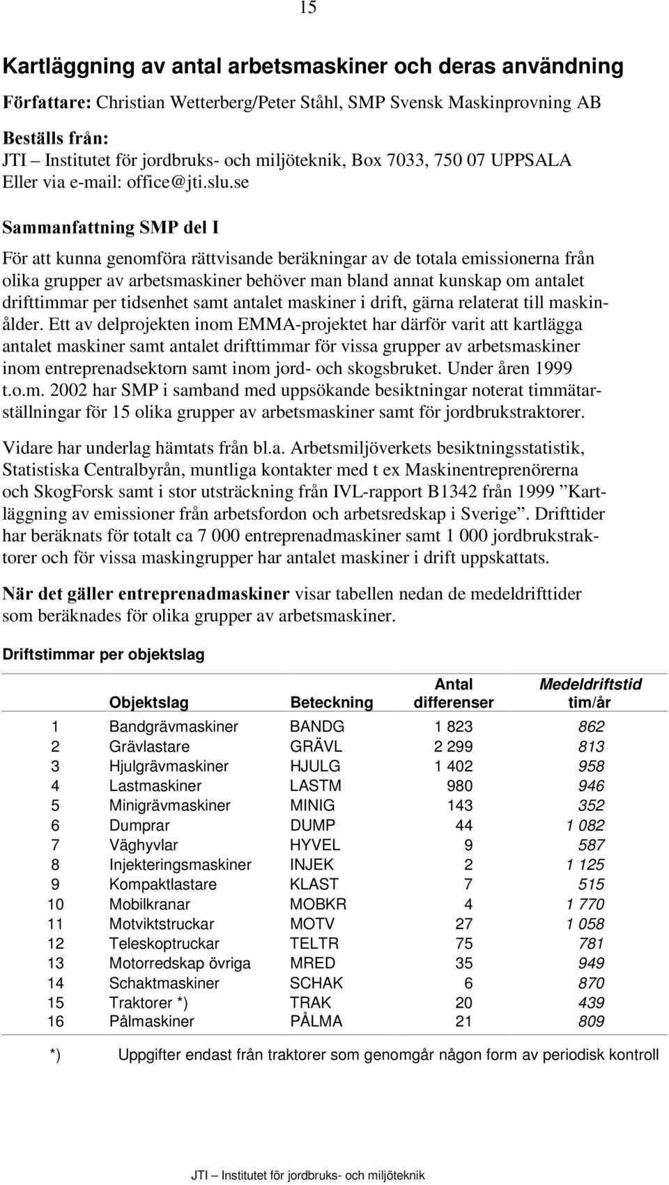 se 6DPPDQIDWWQLQJÃ603ÃGHOÃ, För att kunna genomföra rättvisande beräkningar av de totala emissionerna från olika grupper av arbetsmaskiner behöver man bland annat kunskap om antalet drifttimmar per