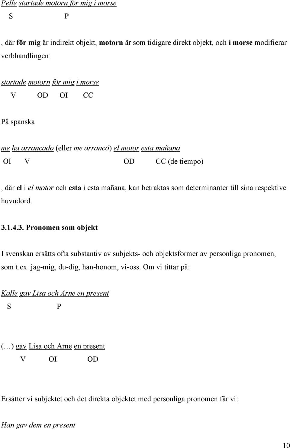 respektive huvudord. 3.1.4.3. Pronomen som objekt I svenskan ersätts ofta substantiv av subjekts- och objektsformer av personliga pronomen, som t.ex. jag-mig, du-dig, han-honom, vi-oss.