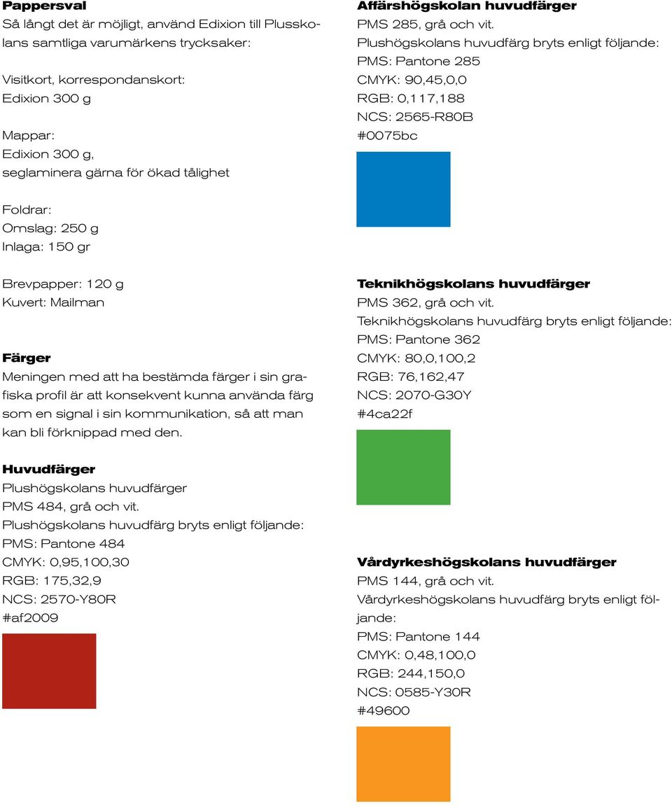 Plushögskolans huvudfärg bryts enligt följande: PMS: Pantone 285 CMYK: 90,45,0,0 RGB: 0,117,188 NCS: 2565-R80B #0075bc Foldrar: Omslag: 250 g Inlaga: 150 gr Brevpapper: 120 g Kuvert: Mailman Färger