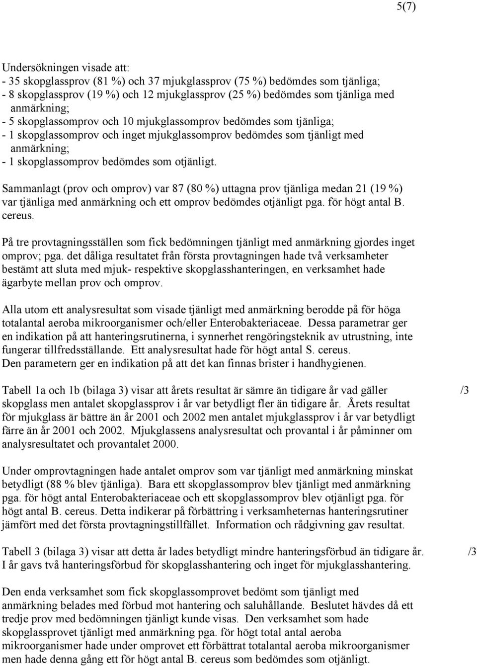 Sammanlagt (prov och omprov) var 87 (80 %) uttagna prov tjänliga medan 21 (19 %) var tjänliga med anmärkning och ett omprov bedömdes otjänligt pga. för högt antal B. cereus.