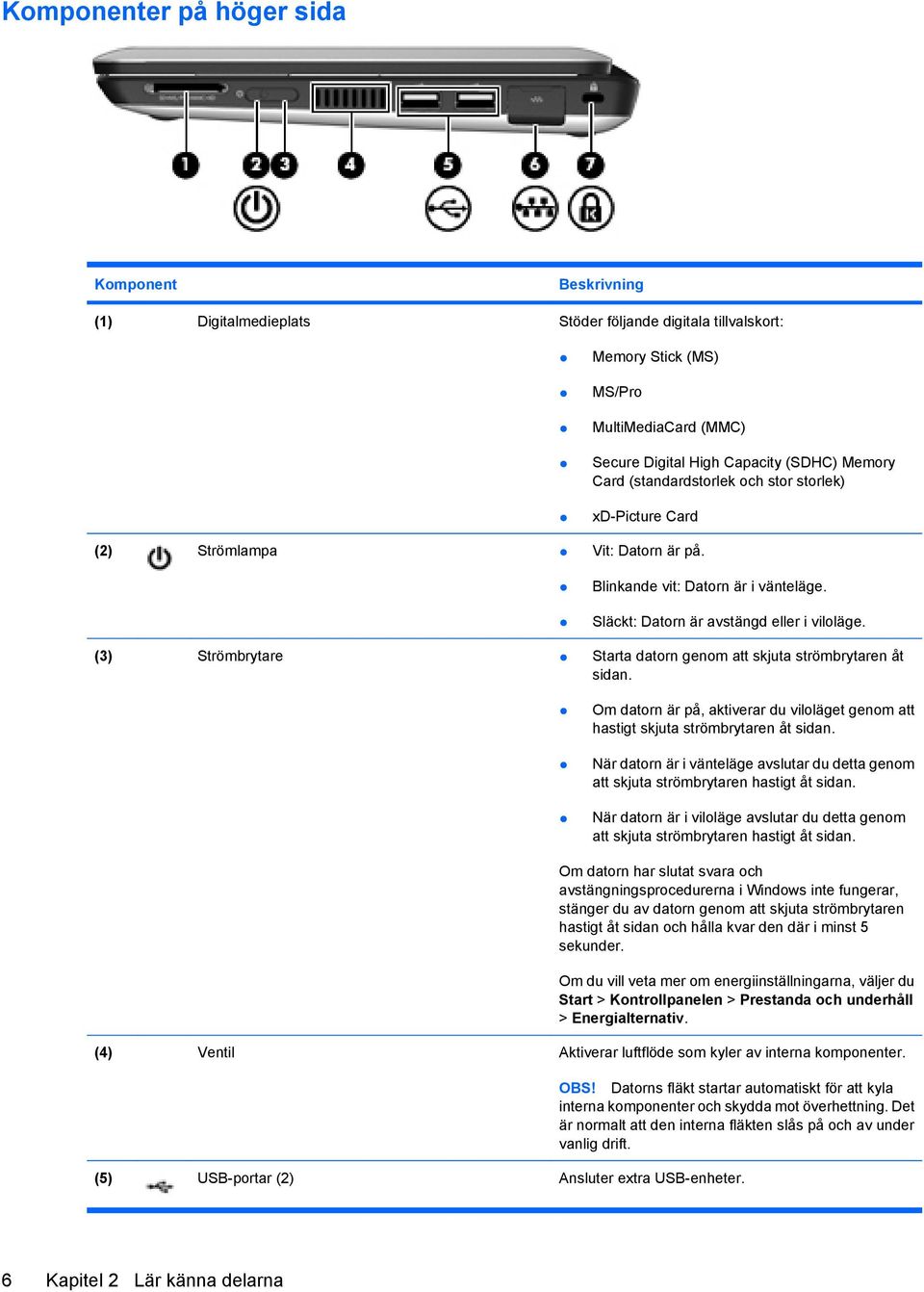 (3) Strömbrytare Starta datorn genom att skjuta strömbrytaren åt sidan. Om datorn är på, aktiverar du viloläget genom att hastigt skjuta strömbrytaren åt sidan.