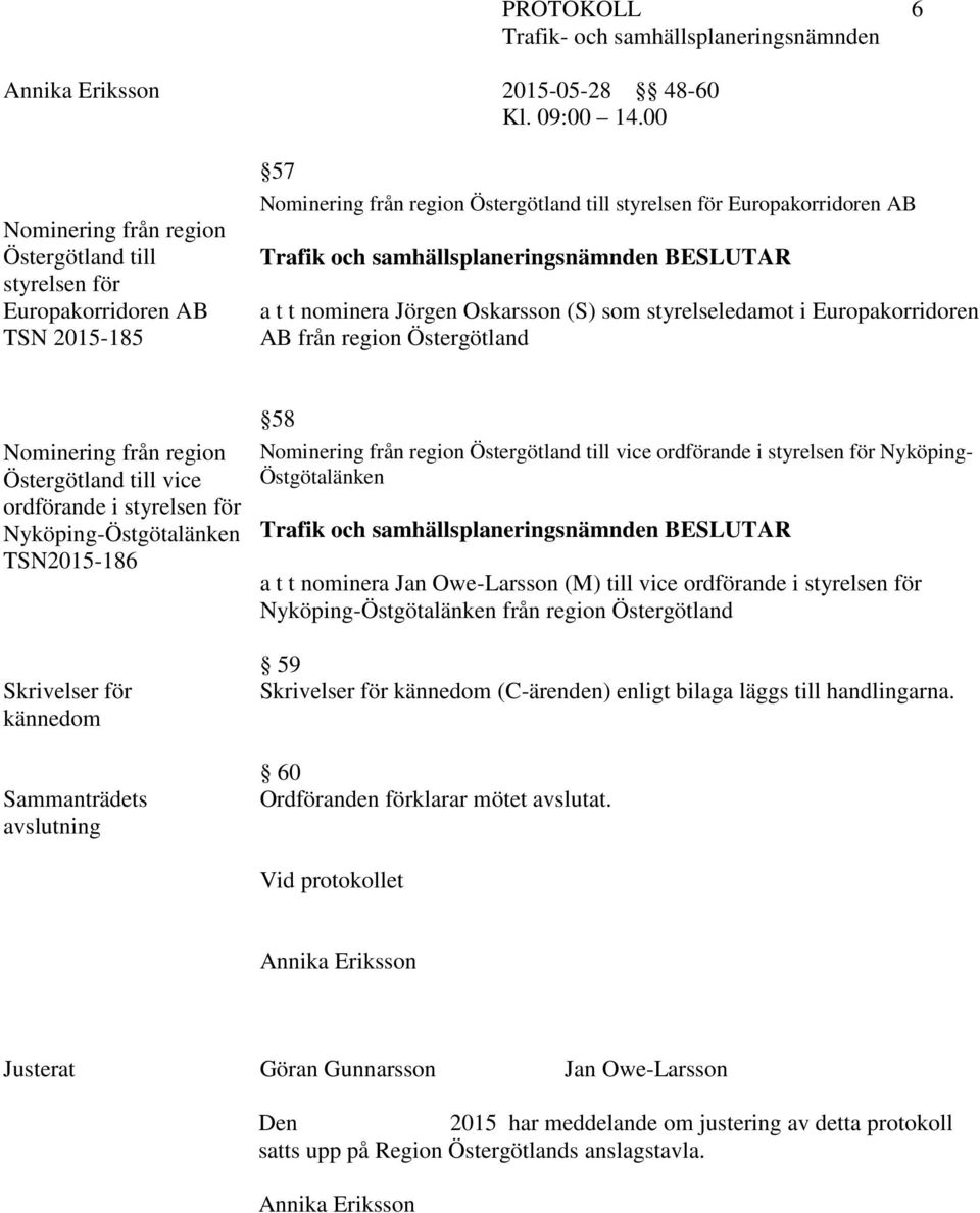 styrelsen för Nyköping-Östgötalänken TSN2015-186 Skrivelser för kännedom Sammanträdets avslutning 58 Nominering från region Östergötland till vice ordförande i styrelsen för Nyköping- Östgötalänken