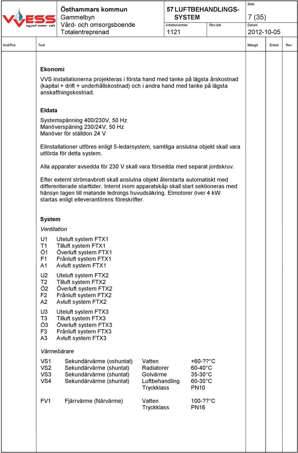 Eldata Systemspänning 400/230V, 50 Hz Manöverspäning 230/24V, 50 Hz Manöver för ställdon 24 V Elinstallationer utföres enligt 5-ledarsystem, samtliga anslutna objekt skall vara utförda för detta