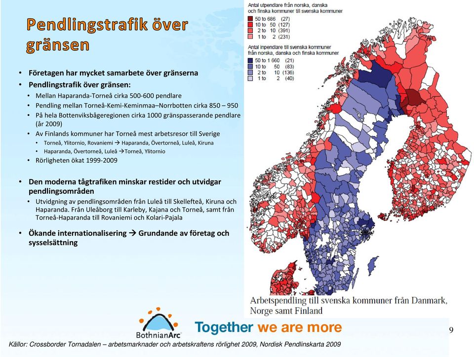 Haparanda, Övertorneå, Luleå Torneå, Ylitornio Rörligheten ökat 1999-2009 Den moderna tågtrafiken minskar restider och utvidgar pendlingsområden Utvidgning av pendlingsområden från Luleåtill