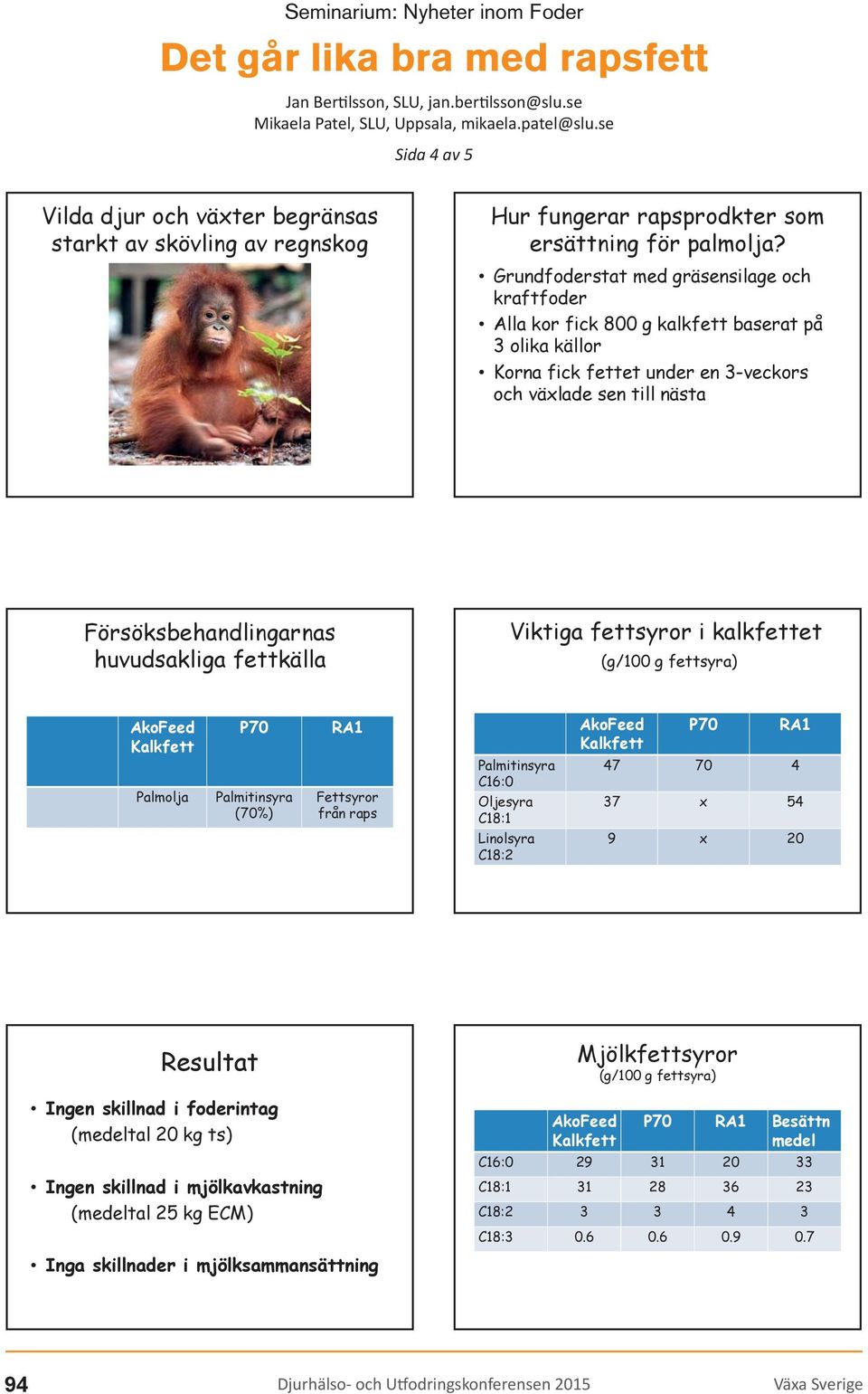 huvudsakliga fettkälla Viktiga fettsyror i kalkfettet (g/100 g fettsyra) Palmolja P70 Palmitinsyra (70%) RA1 Fettsyror från raps Palmitinsyra C16:0 Oljesyra C18:1 Linolsyra C18:2 P70 RA1 47 70 4 37 x