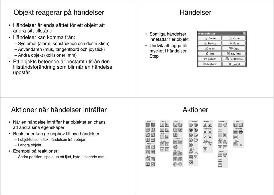 innefattar fler objekt Undvik att lägga för mycket i händelsen Step Händelser Aktioner när händelser inträffar Aktioner När en händelse inträffar har objektet en chans att ändra