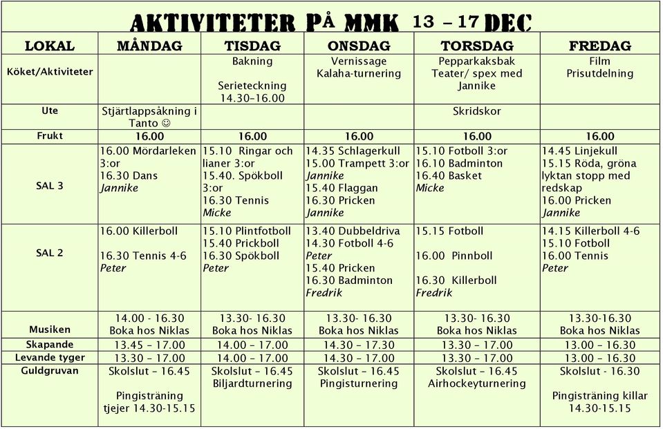 35 Schlagerkull 15.10 Fotboll 3:or 14.45 Linjekull 3:or lianer 3:or 15.00 Trampett 3:or 16.10 Badminton 15.15 Röda, gröna SAL 3 16.30 Dans 15.40. Spökboll 3:or 16.30 Tennis Micke 15.40 Flaggan 16.