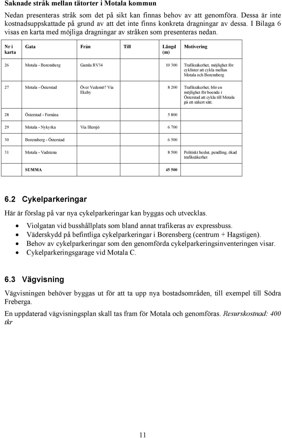 Nr i karta Gata Från Till Längd (m) Motivering 26 Motala - Borensberg Gamla RV34 10 300 Trafiksäkerhet, möjlighet för cyklister att cykla mellan Motala och Borensberg 27 Motala - Österstad Över