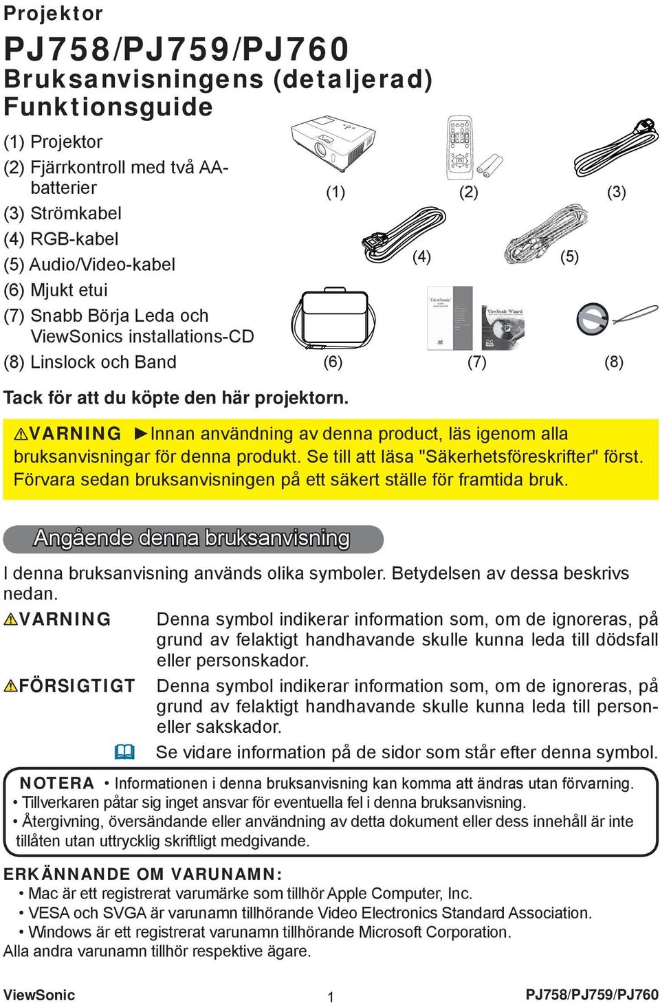 och Band (1) (2) (3) (4) (5) (6) (7) (8) Tack för att du köpte den här projektorn. VARNING Innan användning av denna product, läs igenom alla bruksanvisningar för denna produkt.