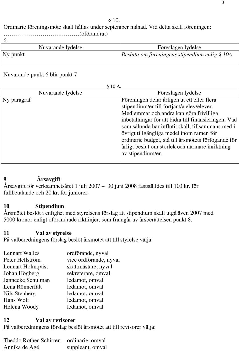 Föreslagen lydelse Föreningen delar årligen ut ett eller flera stipendium/er till förtjänt/a elev/elever. Medlemmar och andra kan göra frivilliga inbetalningar för att bidra till finansieringen.