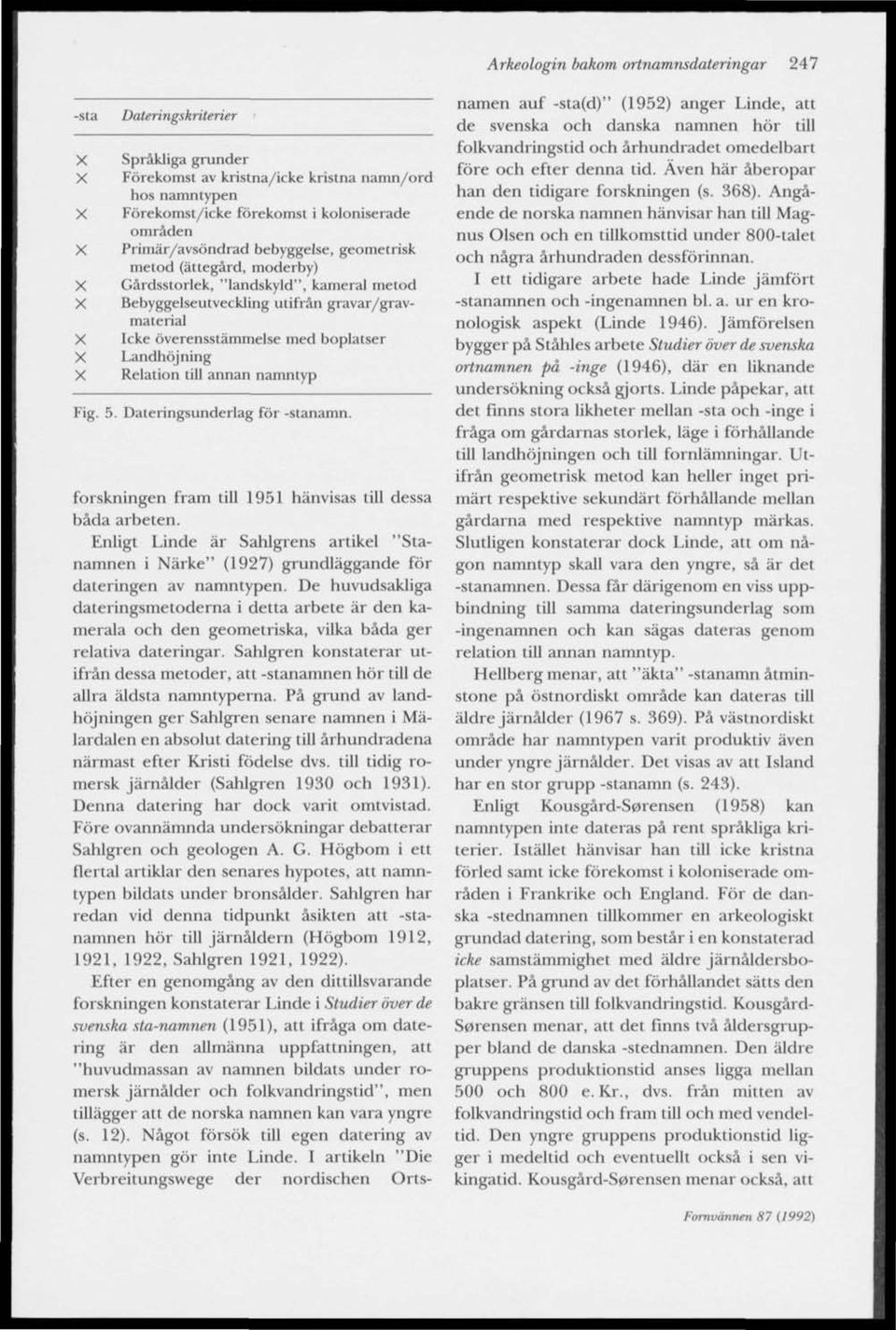 Gårdsstorlek, "landskyld", kameral metod Bebyggelseutveckling utifrån gravar/gravmaterial Icke överensstämmelse med boplatser Landhöjning Relation till annan namntyp forskningen fram till 1951