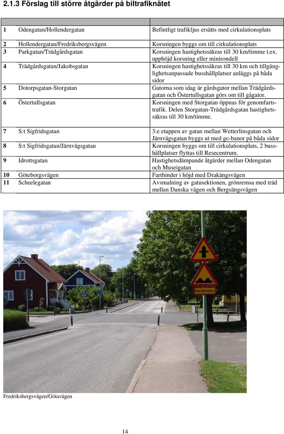 upphöjd korsning eller minirondell 4 Trädgårdsgatan/Jakobsgatan Korsningen hastighetssäkras till 30 km och tillgänglighetsanpassade busshållplatser anläggs på båda sidor 5 Dotorpsgatan-Storgatan