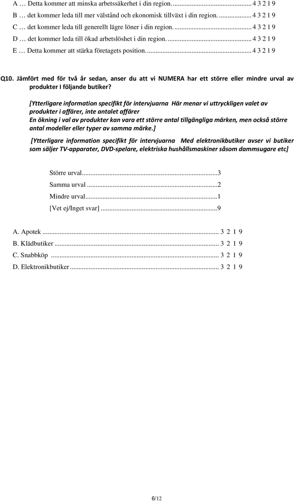 .. 4 3 2 1 9 Q10. Jämfört med för två år sedan, anser du att vi NUMERA har ett större eller mindre urval av produkter I följande butiker?