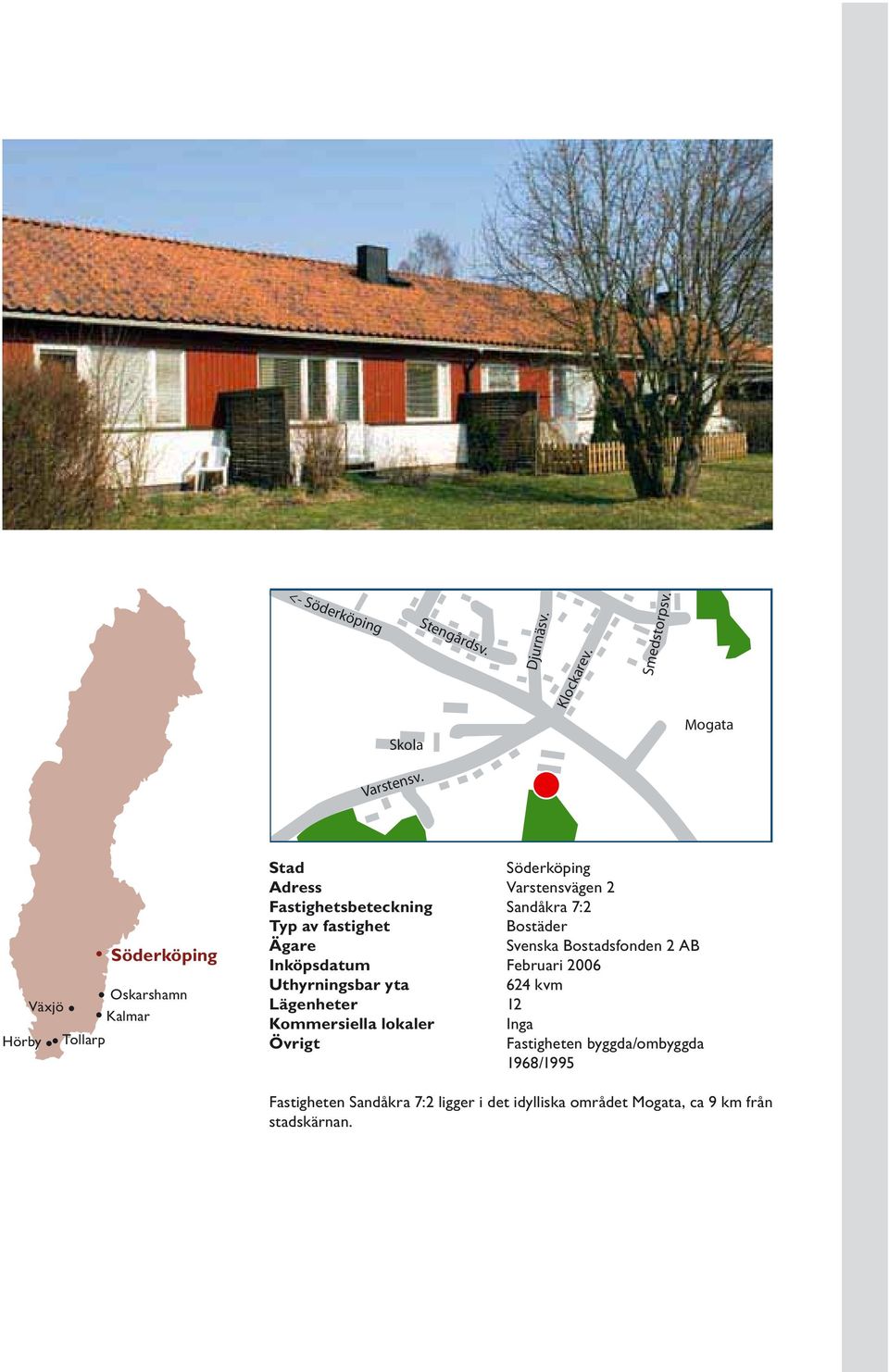 fastighet Bostäder Ägare Svenska Bostadsfonden 2 AB Inköpsdatum Februari 2006 Uthyrningsbar yta 624 kvm Lägenheter