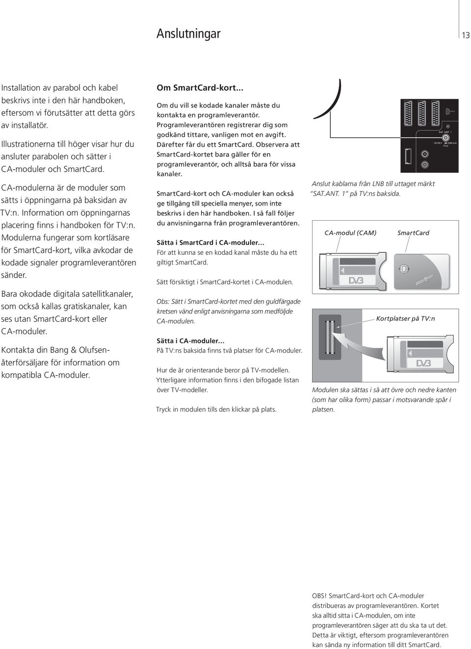 Information om öppningarnas placering finns i handboken för TV:n. Modulerna fungerar som kortläsare för SmartCard-kort, vilka avkodar de kodade signaler programleverantören sänder.