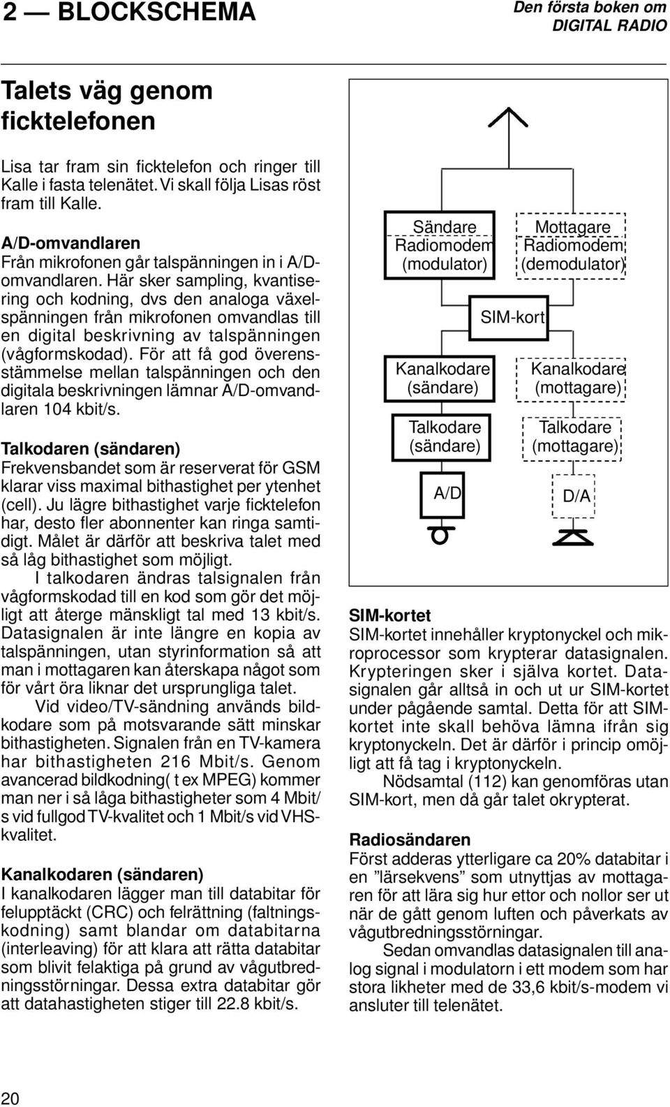 Här sker sampling, kvantisering och kodning, dvs den analoga växelspänningen från mikrofonen omvandlas till en digital beskrivning av talspänningen (vågformskodad).