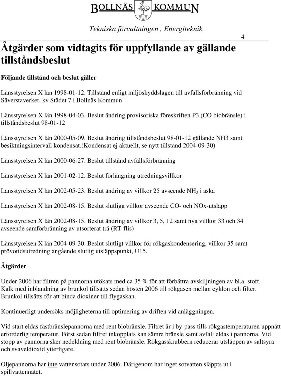 Beslut ändring provisoriska föreskriften P3 (CO biobränsle) i tillståndsbeslut 98-01-12 Länsstyrelsen X län 2000-05-09.