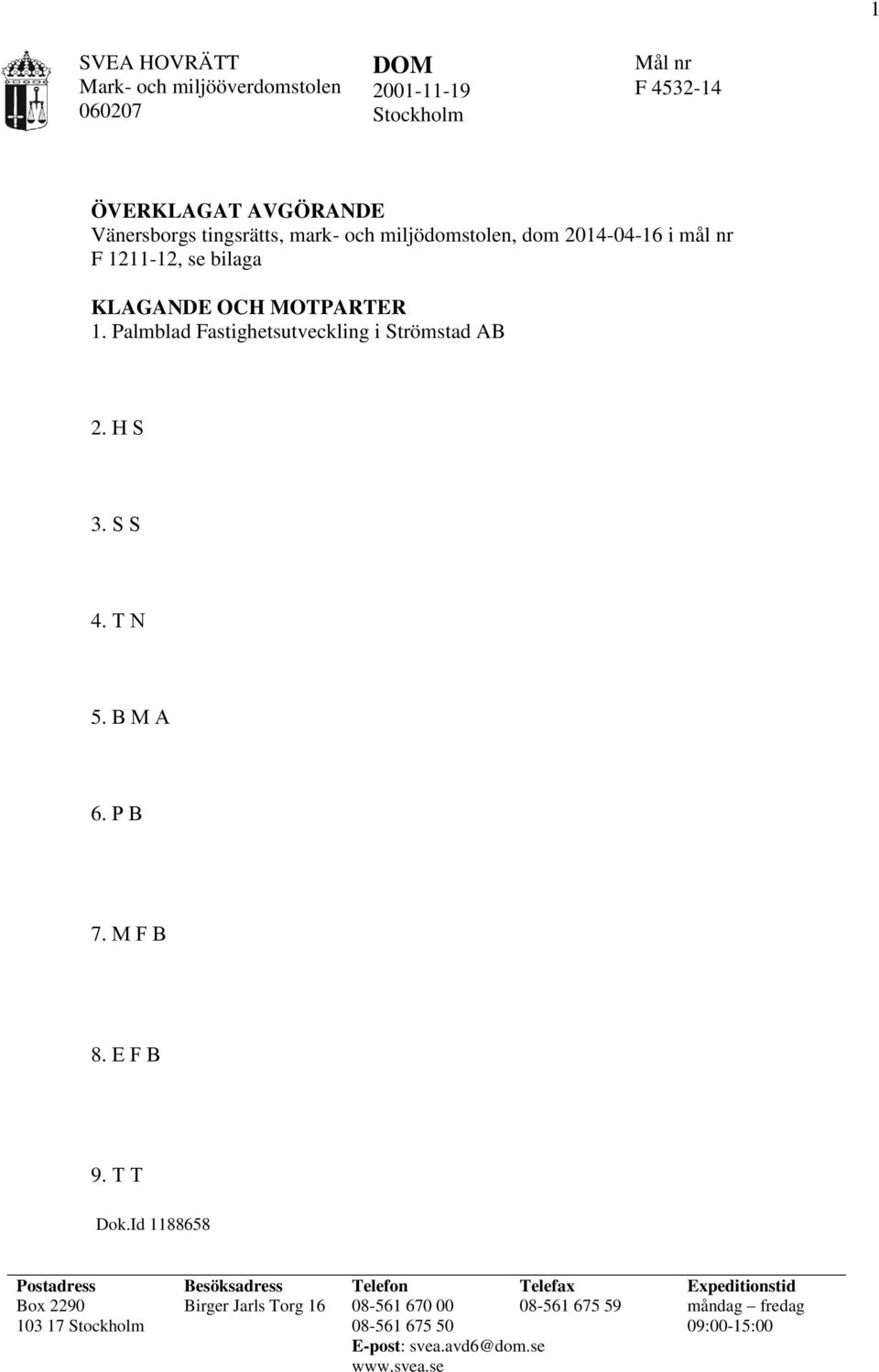 Palmblad Fastighetsutveckling i Strömstad AB 2. H S 3. S S 4. T N 5. B M A 6. P B 7. M F B 8. E F B 9. T T Dok.