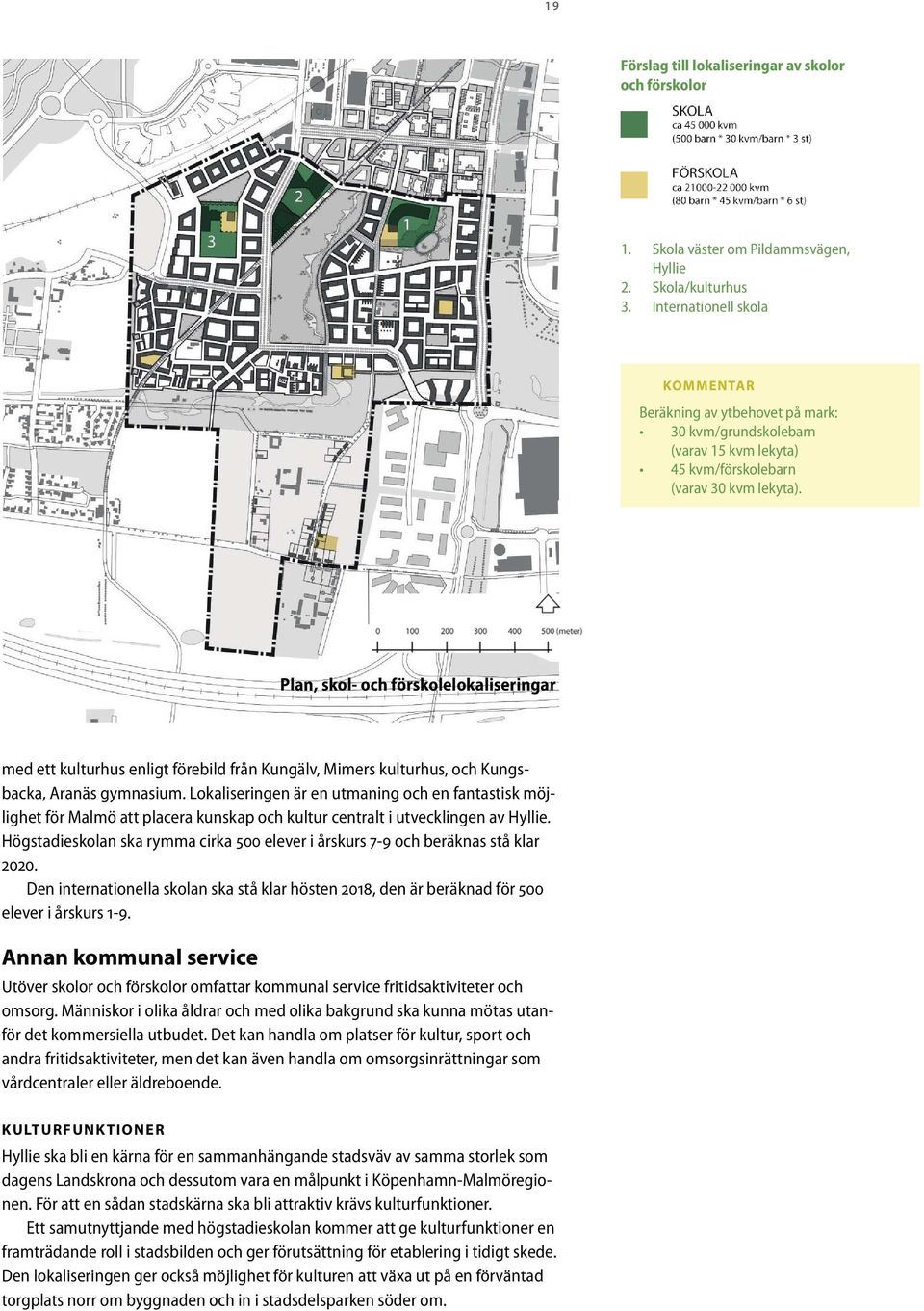 Plan, skol- och förskolelokaliseringar med ett kulturhus enligt förebild från Kungälv, Mimers kulturhus, och Kungsbacka, Aranäs gymnasium.