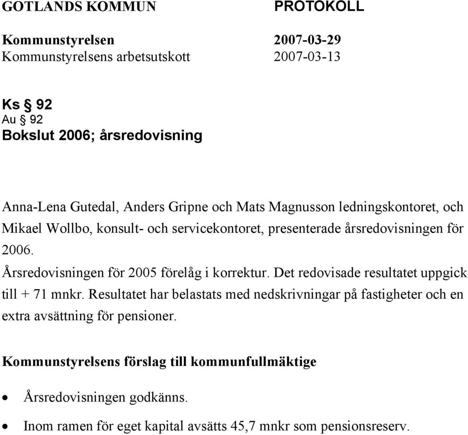 Årsredovisningen för 2005 förelåg i korrektur. Det redovisade resultatet uppgick till + 71 mnkr.