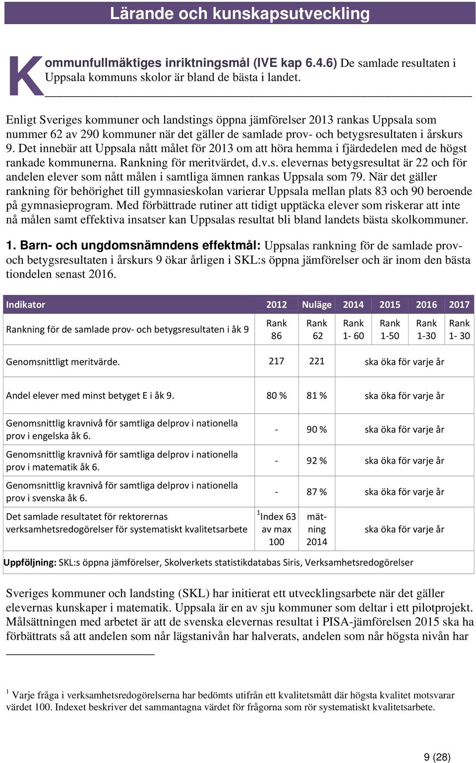 Det innebär att Uppsala nått målet för 2013 om att höra hemma i fjärdedelen med de högst rankade kommunerna. Rankning för meritvärdet, d.v.s. elevernas betygsresultat är 22 och för andelen elever som nått målen i samtliga ämnen rankas Uppsala som 79.