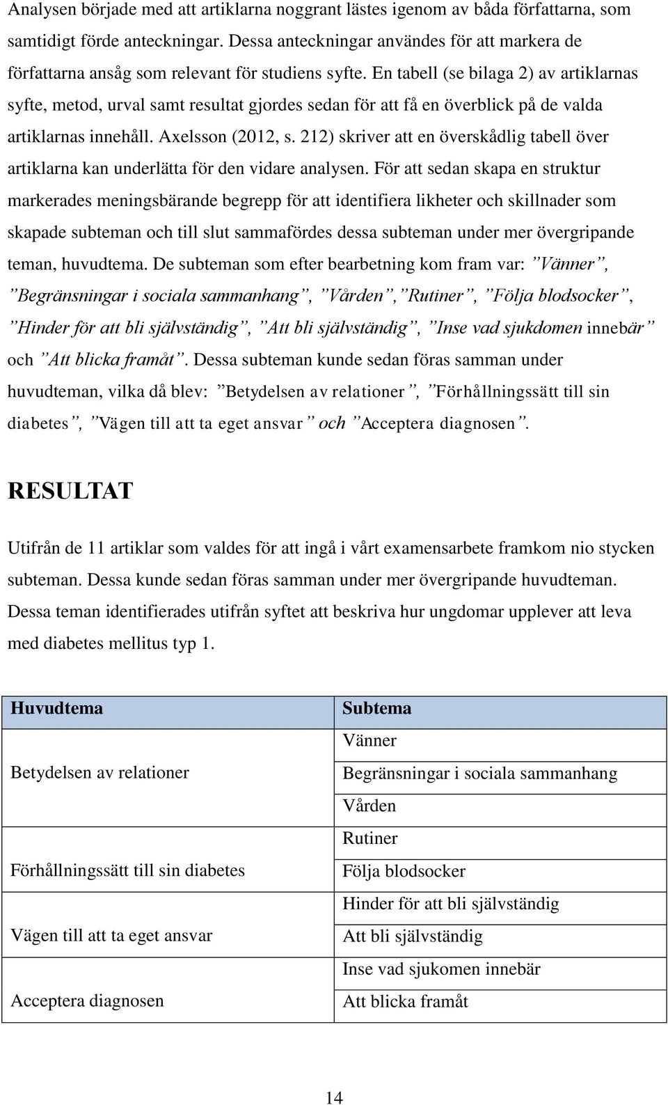 En tabell (se bilaga 2) av artiklarnas syfte, metod, urval samt resultat gjordes sedan för att få en överblick på de valda artiklarnas innehåll. Axelsson (2012, s.