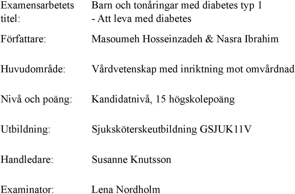 diabetes Masoumeh Hosseinzadeh & Nasra Ibrahim Vårdvetenskap med inriktning mot