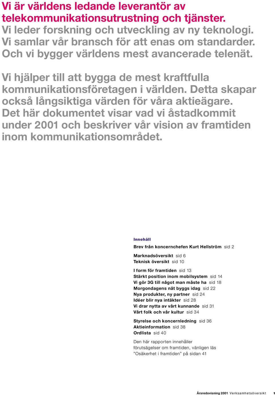 Det här dokumentet visar vad vi åstadkommit under 2001 och beskriver vår vision av framtiden inom kommunikationsområdet.