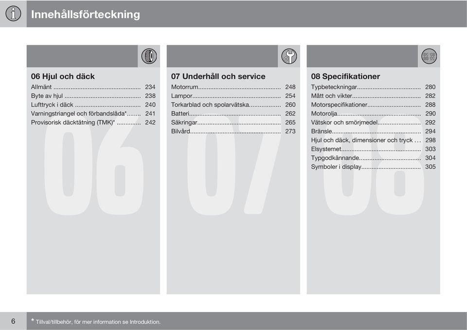 .. 265 Bilvård... 273 08 Specifikationer 08 Typbeteckningar... 280 Mått och vikter... 282 Motorspecifikationer... 288 Motorolja... 290 Vätskor och smörjmedel.