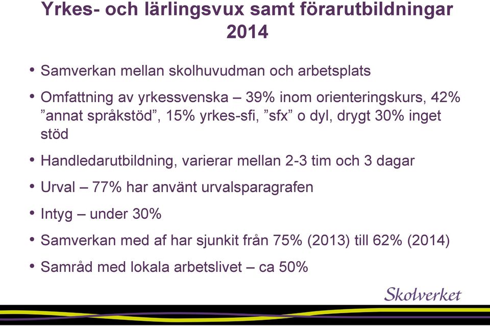 30% inget stöd Handledarutbildning, varierar mellan 2-3 tim och 3 dagar Urval 77% har använt