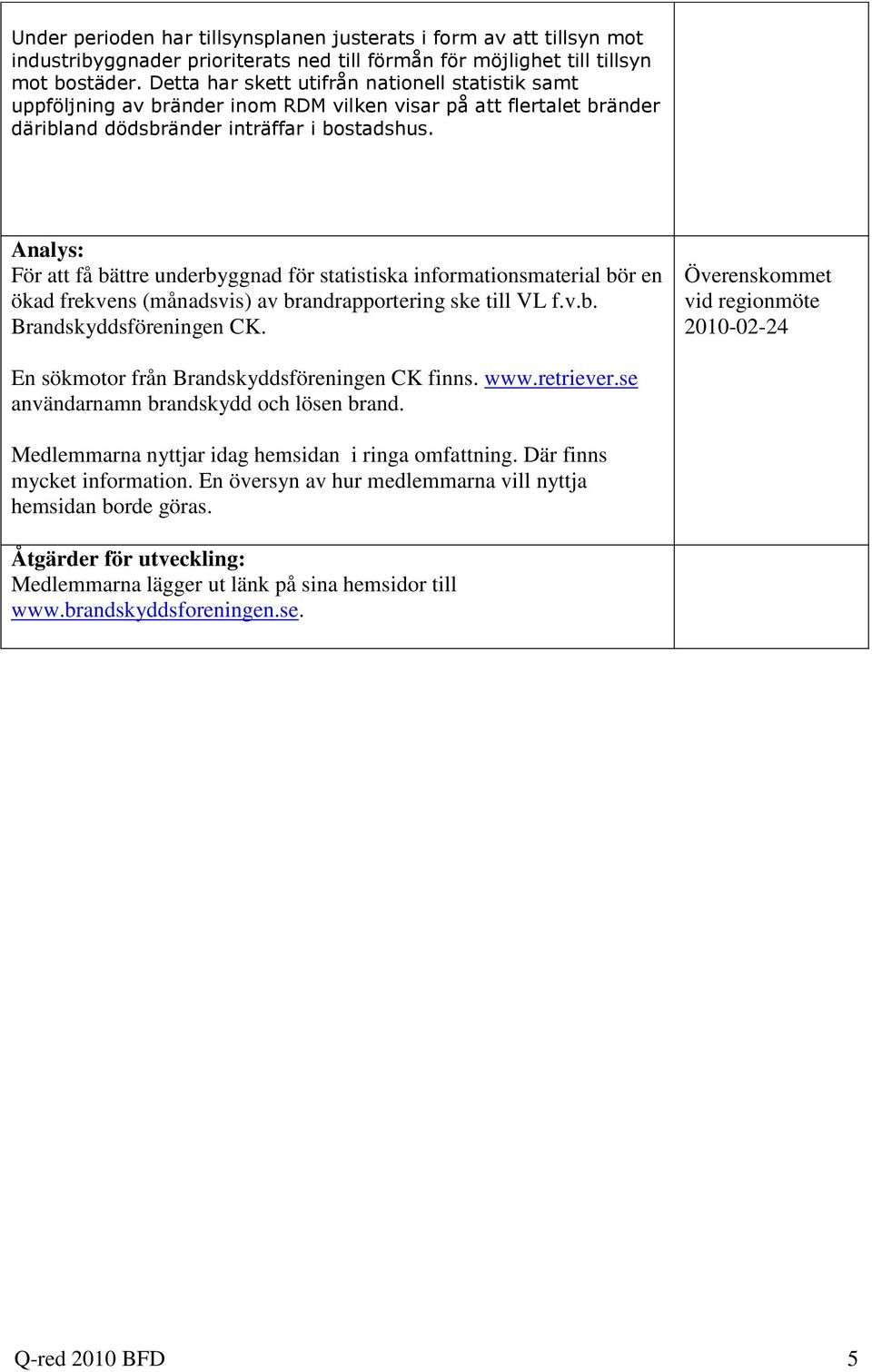 Analys: För att få bättre underbyggnad för statistiska informationsmaterial bör en ökad frekvens (månadsvis) av brandrapportering ske till VL f.v.b. Brandskyddsföreningen CK.