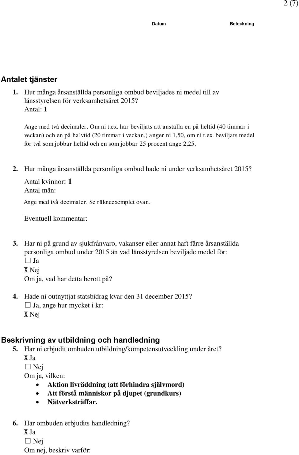 beviljats medel för två som jobbar heltid och en som jobbar 25 procent ange 2,25. 2. Hur många årsanställda personliga ombud hade ni under verksamhetsåret 2015?