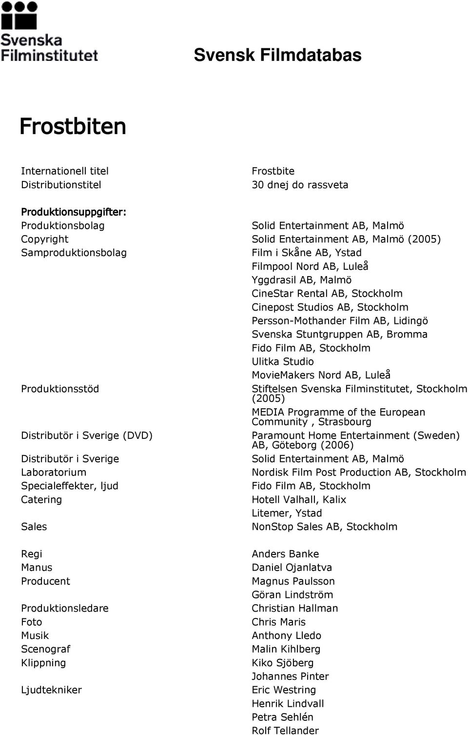 Stuntgruppen AB, Bromma Fido Film AB, Stockholm Ulitka Studio MovieMakers Nord AB, Luleå Produktionsstöd Stiftelsen Svenska Filminstitutet, Stockholm (2005) MEDIA Programme of the European Community,