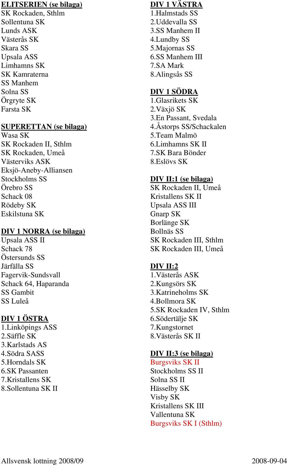 Kristallens SK 8.Sollentuna SK II DIV 1 VÄSTRA 1.Halmstads SS 2.Uddevalla SS 3.SS Manhem II 4.Lundby SS 5.Majornas SS 6.SS Manhem III 7.SA Mark 8.Alingsås SS DIV 1 SÖDRA 1.Glasrikets SK 2.Växjö SK 3.