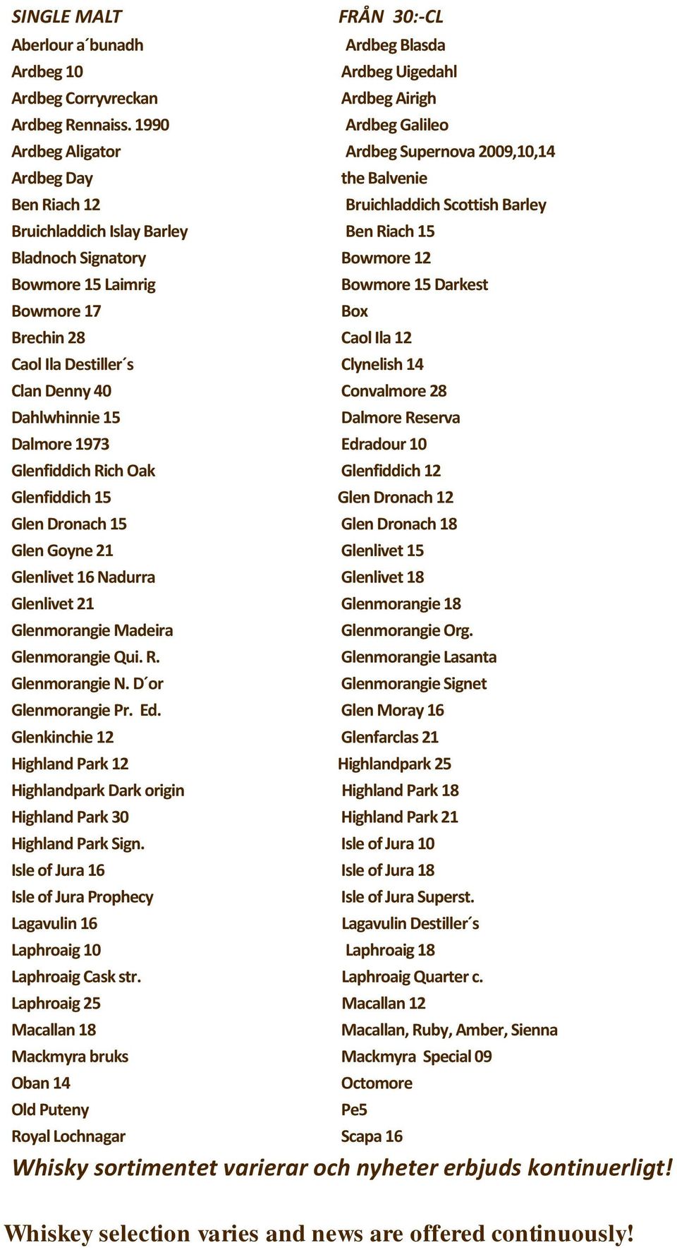 Signatory Bowmore 12 Bowmore 15 Laimrig Bowmore 17 Bruichladdich Scottish Barley Bowmore 15 Darkest Box Brechin 28 Caol Ila 12 Caol Ila Destiller s Clynelish 14 Clan Denny 40 Convalmore 28