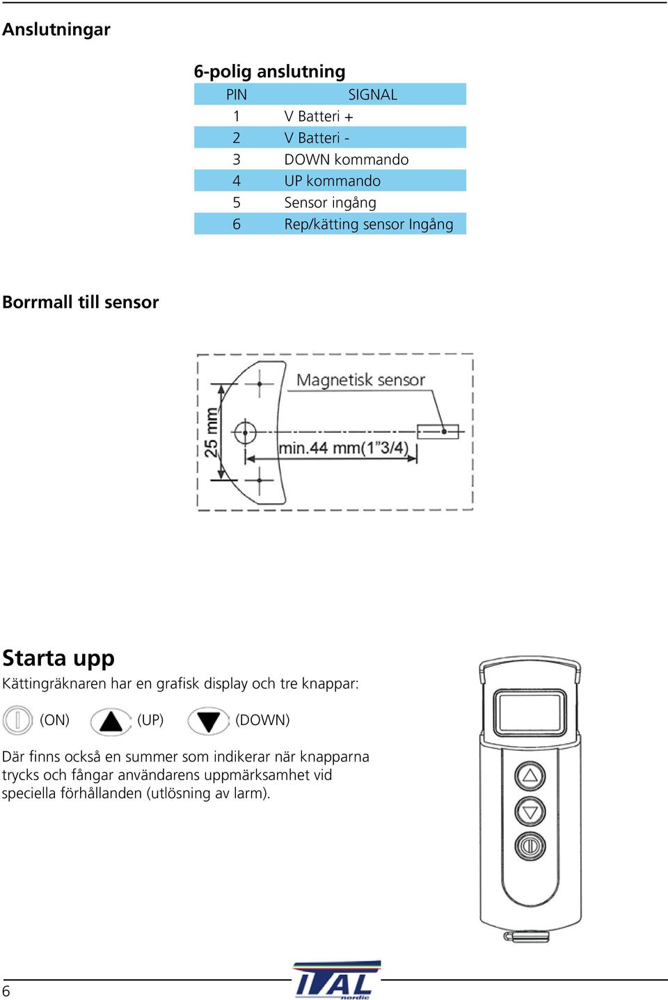 Kättingräknaren har en grafisk display och tre knappar: (ON) (UP) (DOWN) Där finns också en summer